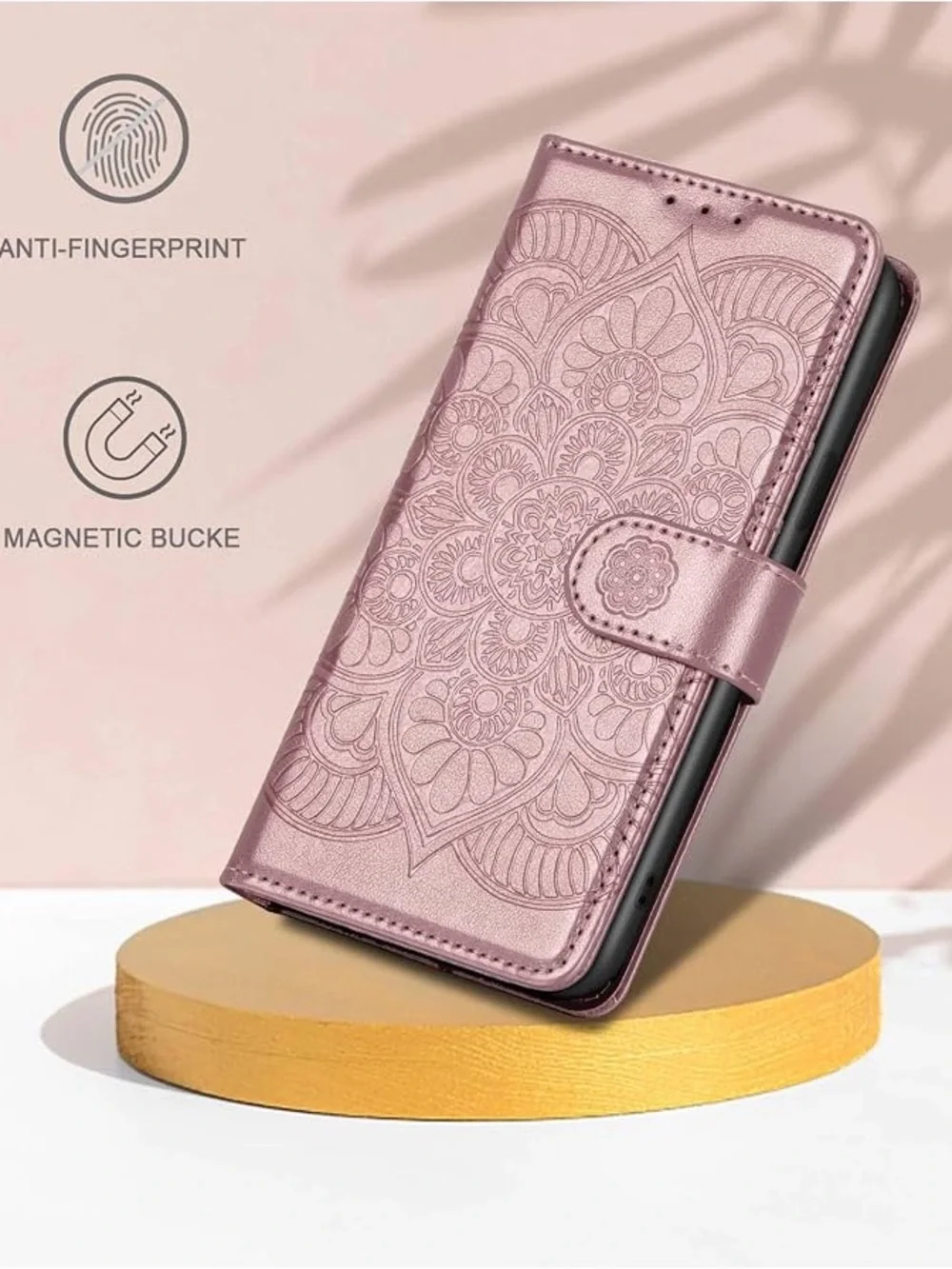 Floral Mandala Rose Gold Wallet Phone Case with Wristlet